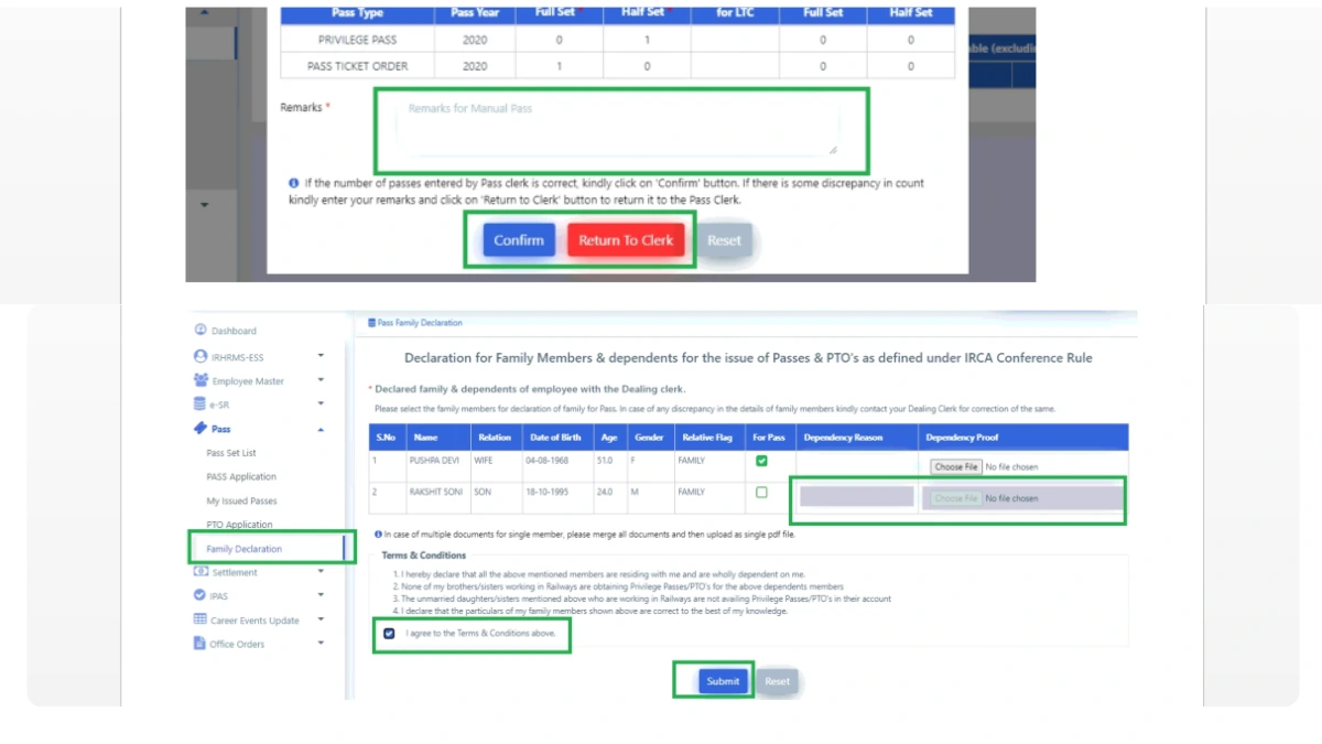 Railway Pass Family Declaration Process